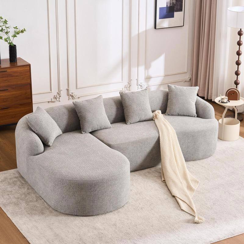 Modern Plush Gray Chenille L-Shaped Sectional Sofa with Curved Chaise