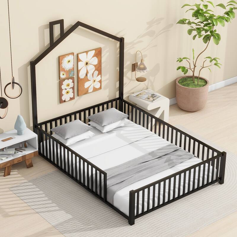 Metal platform bed with guardrail and chimney