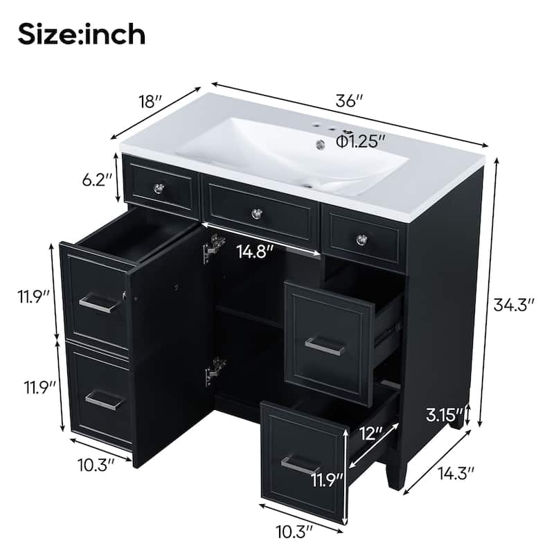 36" Bathroom Vanity with Sink Combo, Black Shaker Cabinet, Soft Close Doors & 3 Drawers, Resin Top