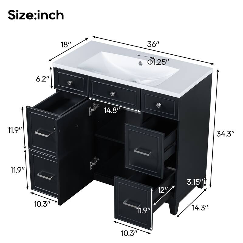 Modern 36-Inch Free-Standing Vanity with Single Sink, Storage Drawers & Adjustable Shelf
