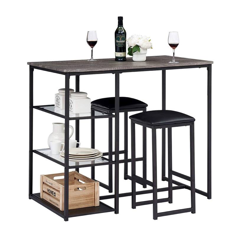 Javlergo 3-Piece Dining Table Set with 2 Backless PU Padded Chairs Space Saving Design Pub Set White/Oak & Black/Marble Options