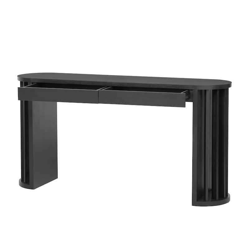 59 Inch Extra Long Entryway Sofa Table, Vintage OAK Veneer Console Table with 2 Storage Drawers and Fan Shaped Legs
