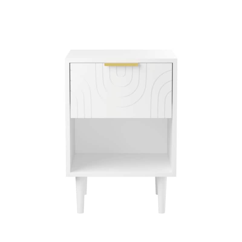 Modern White Nightstand with Gold Handle, 1 Drawer & Open Shelf
