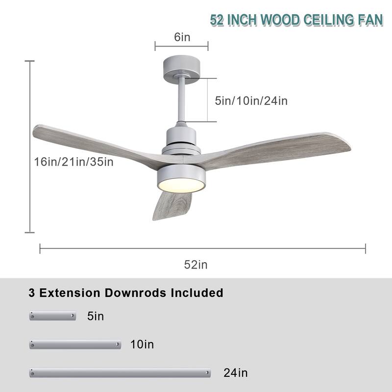 52 inch Silver Wood Ceiling Fan with Light and Remote Control - 52 Inch