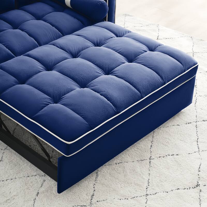 Blue 55'' Convertible 2-Seater Velvet Sleeper Sofa with Pull-Out Bed, Adjustable Recliner, Side Pockets, and Phone Holder