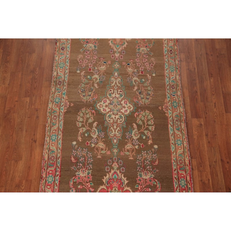 Brown Floral Mahal Persian Runner Rug Handmade Wool Carpet - 3'4"x 10'11"