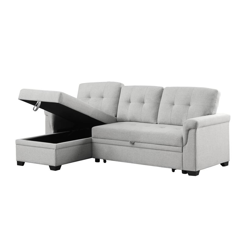 Solid Wood Frame Linen Reversible Sleeper Sectional Sofa with Storage Chaise