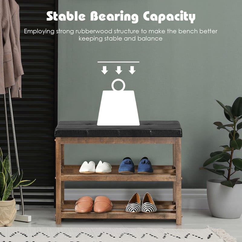 Gymax 2-Tier Wooden Shoe Rack Bench w/Padded Seat for Entryway Bedroom - 31'' x 16'' x 24''
