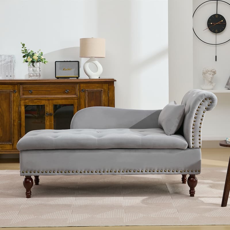 Velvet Chaise Lounge with a Storage Function, Tufted Cushions & Nailheads