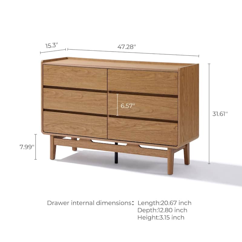 Mid-Century Style Natural Finish Dresser, 6 Drawers, Horizontal Storage, Engineered Wood