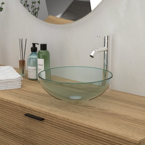 slide 2 of 10, Clear 14 in. Round Tempered Glass Vessel Bathroom Sink with Faucet and Pop-up Drain - 14x14 inch