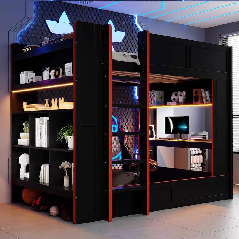 Black Bunk Bed Full Size Wood Gaming Bunk Bed Frame with Desk, Storage Shelves, LED and Charging Station, Full over Full Bed