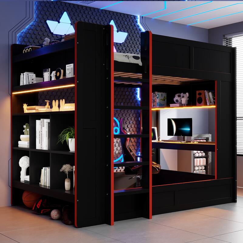 Roomfitters Full Size Gaming Bunk Bed with Desk, Storage Shelves, LED and Charging Station, Black