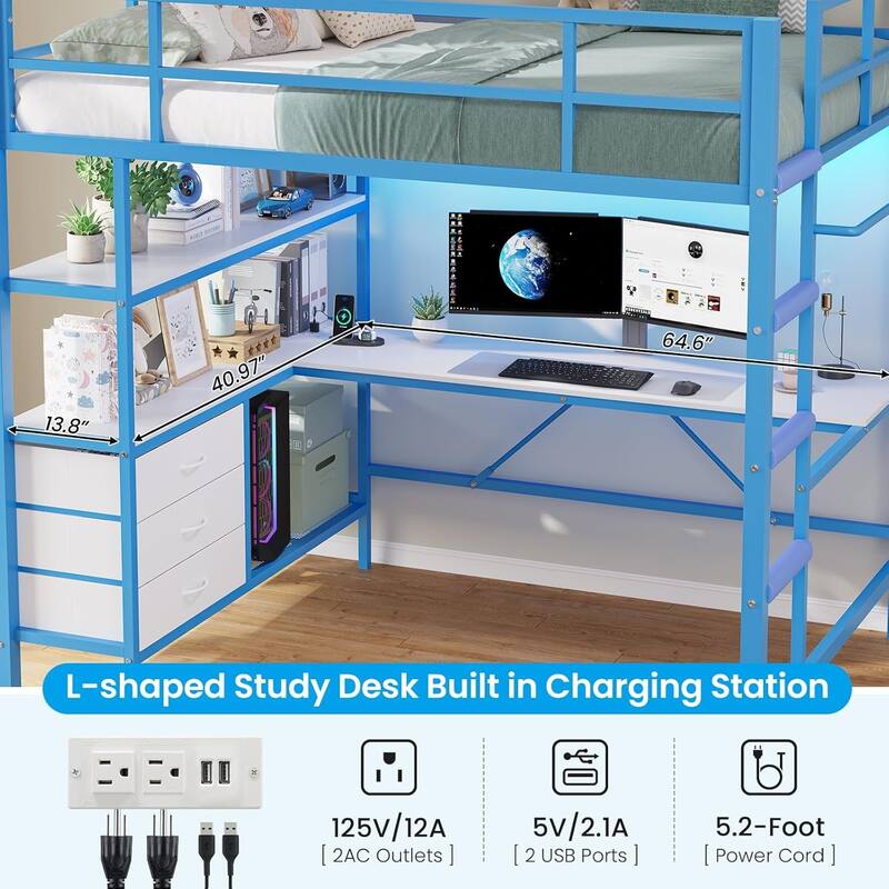 Loft Bed with L-Shaped Desk Charging Station Metal LED Lights 3 Fabric Drawers