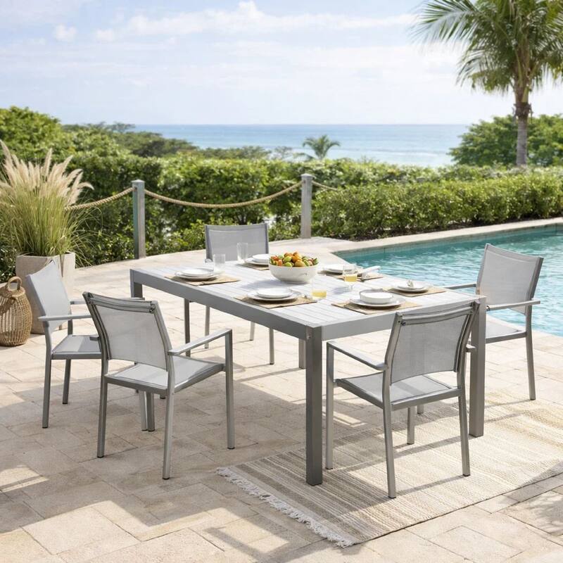 Fifi 7 Piece Dining Table Set, White Metal Frames, Smooth Textilene Fabric