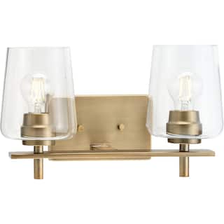 Calais Collection Two-Light Vintage Brass Clear Glass Vanity Light - 14.62 in x 6.5 in x 8.5 in