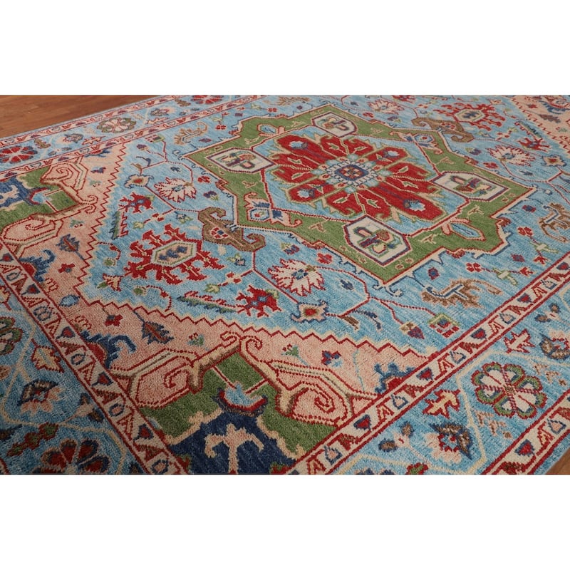 Blue Geometric Heriz Serapi Area Rug Hand-Knotted Wool Carpet - 8'10"x 11'10"