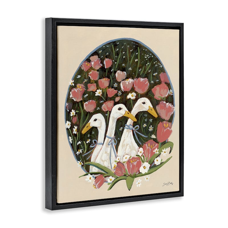 Stupell Ducks with Cottage Blooms Framed Floater Canvas Wall Art Design By Sara Baker