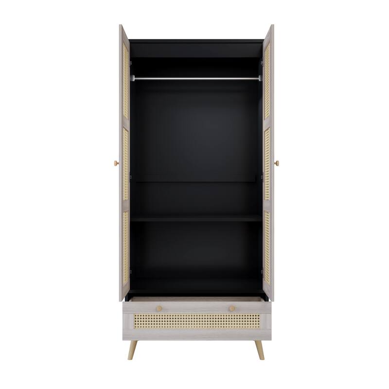 70.8" Tall Armoire Wardrobe Closet with Rattan Doors & Drawer, Boho Clothes Storage Cabinet with Hanging Rod for Bedroom