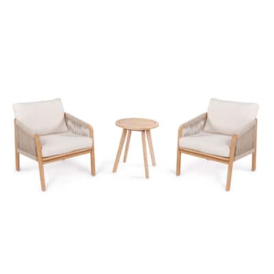Porto 3-Piece Modern Bohemian Roped Acacia Wood Conversation Outdoor Patio Set with Cushions, by JONATHAN Y
