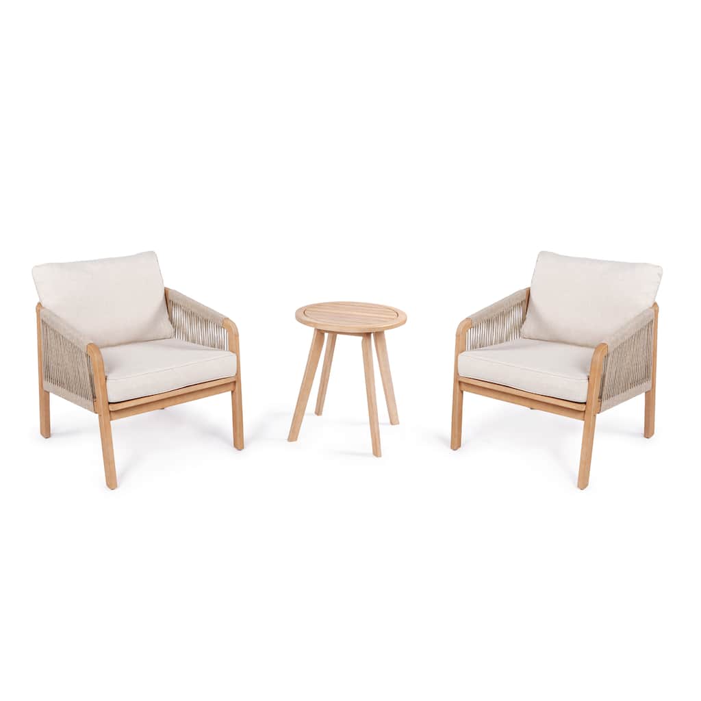 Porto 3-Piece Modern Bohemian Roped Acacia Wood Conversation Outdoor Patio Set with Cushions, by JONATHAN Y