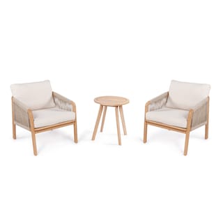 Porto 3-Piece Modern Bohemian Roped Acacia Wood Conversation Outdoor Patio Set with Cushions, by JONATHAN Y
