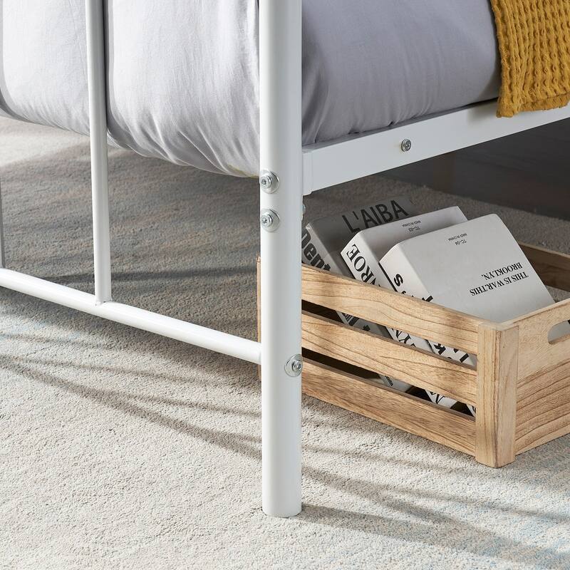 VECELO White Full Size Metal Bed Frame with Victorian Headboard Heavy Duty Bed Frame with Center Support 12.6in Underbed Storage