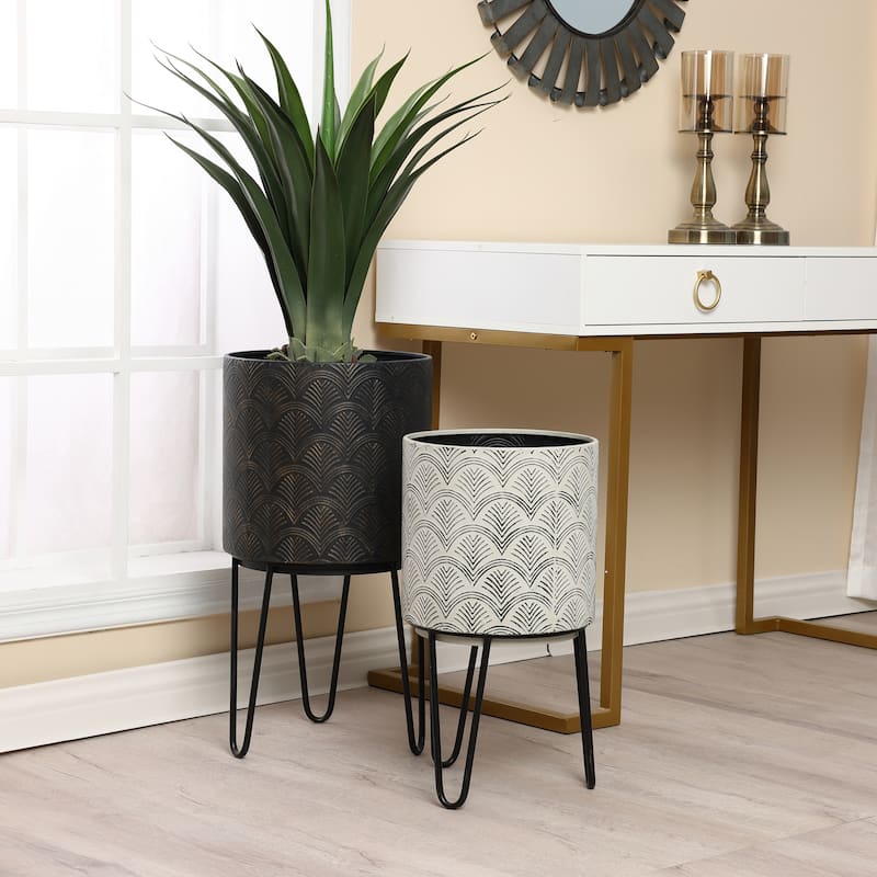 Fanned Black and Off White Metal Cachepot Planters with Black Metal Stand (Set of 2)