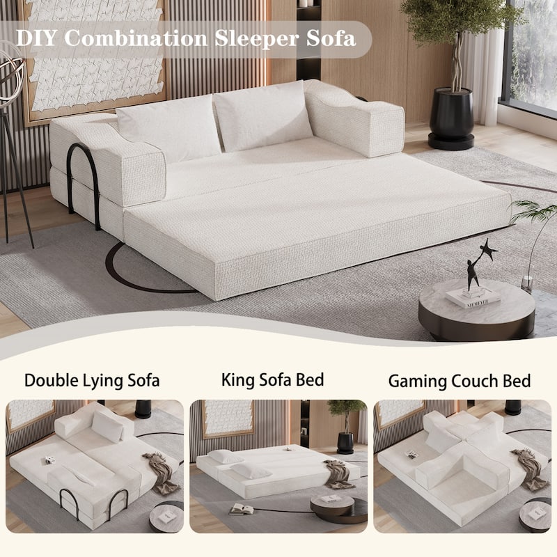80" Convertible Sofa Bed with 2 Pillows, 2-Seat Folding Floor Couch, Multifunctional Chenille Loveseat Living Room Sleeper Sofa