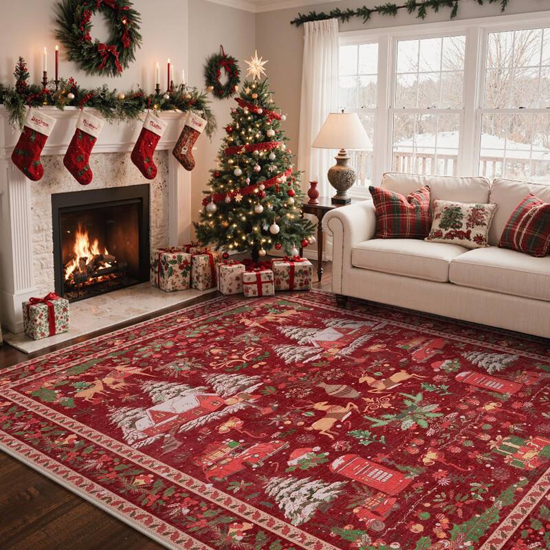Mcow Holiday Cheer Collection Machine-Washable Hallway Area Rug - 8' x 10' - Reindeer Red - Rectangle