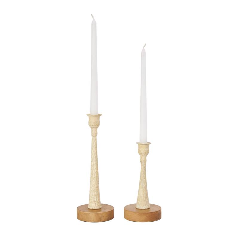 Cream or Light Blue Metal Textured Tapered Candle Holder with Brown Wood Bases (Set of 2)