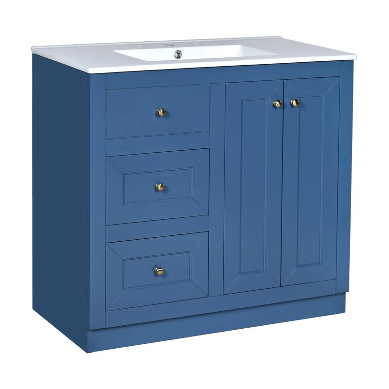 36" Modern Bathroom Vanity with Ceramic Sink, 2 Drawers & Shelf Storage Cabinet, Blue MDF & Solid Wood