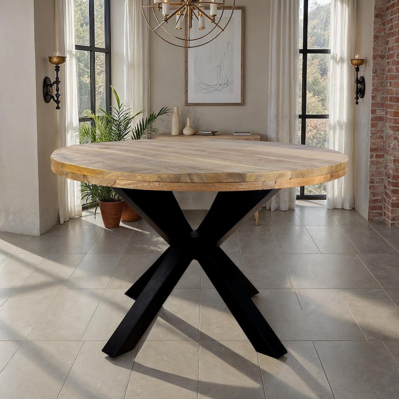 47" Diameter Industrial Round Dining Table with Solid Mango Wood Top and Black Iron Base - Brown