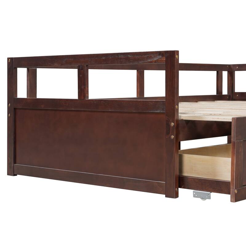 Pine Wood Daybed with Pull-Out Trundle and Two Storage Drawers, Twin to King