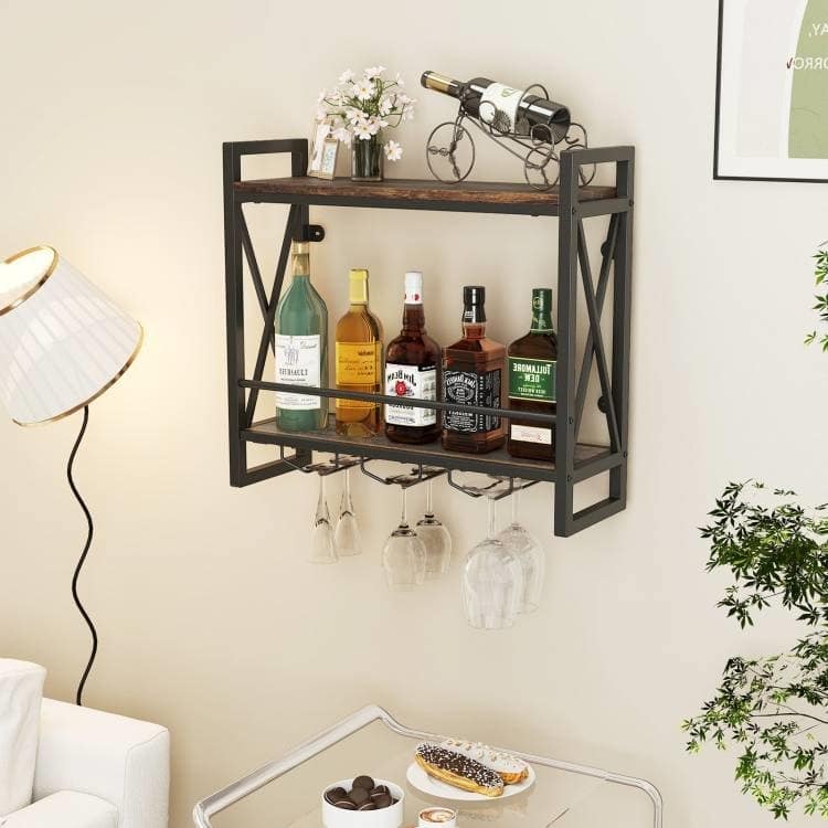 Rustic Brown Black Engineered Wood Metal 2-Tier Wall Wine Rack - 23.5" x 8" x 21.5"