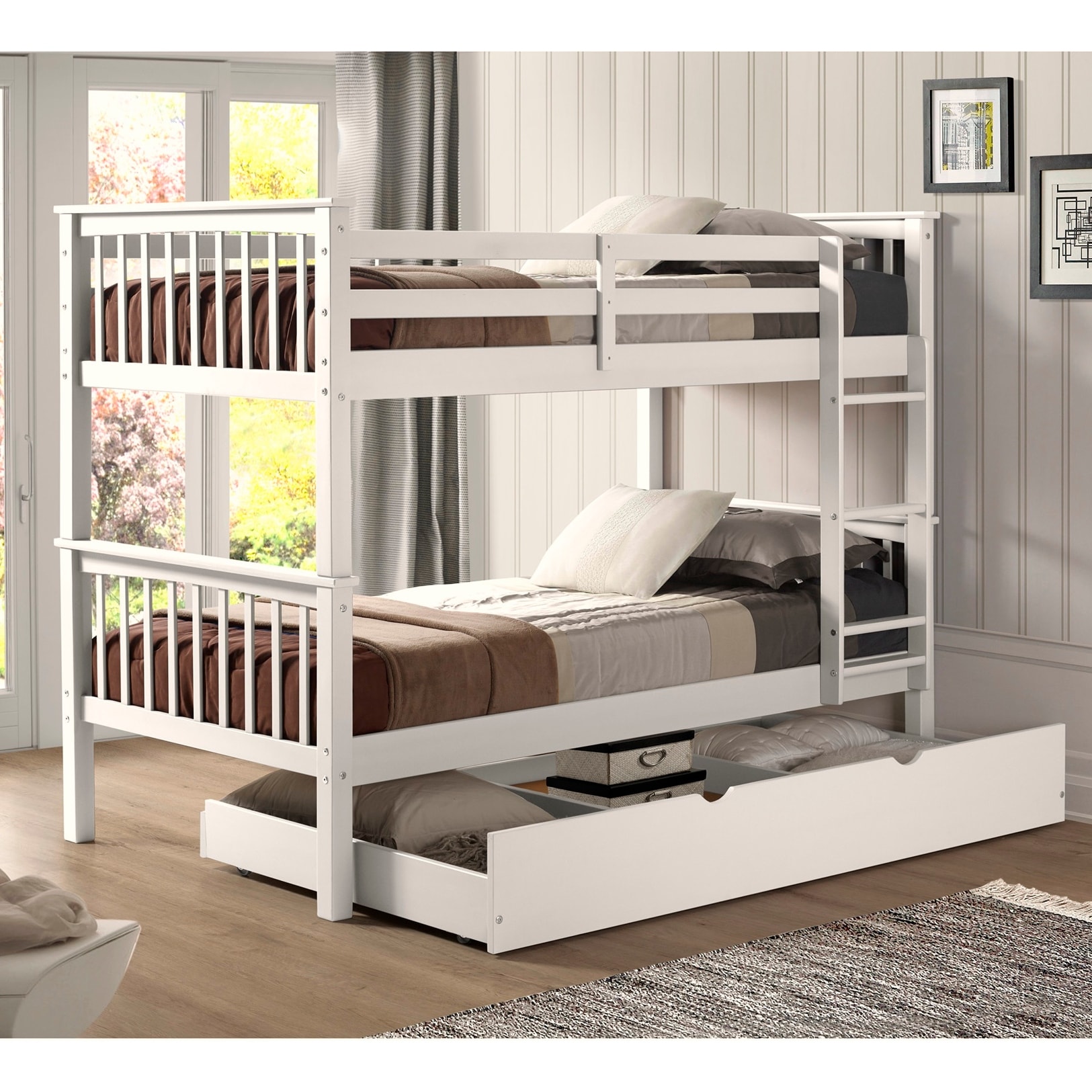 white bunk beds with mattresses