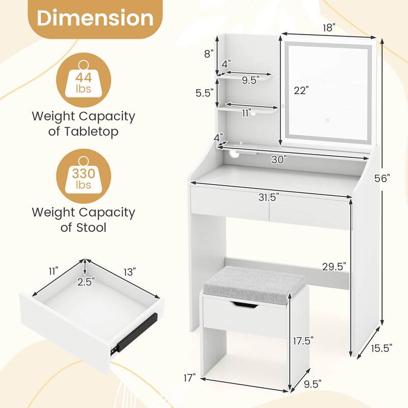 Costway Vanity Desk with Mirror and Lights LED Lighted Makeup Table - See Details