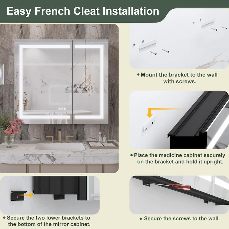 Rectangular Aluminum Recessed/Surface Mount Frameless Anti-Fog Medicine Cabinet with Dimmable LED Lights