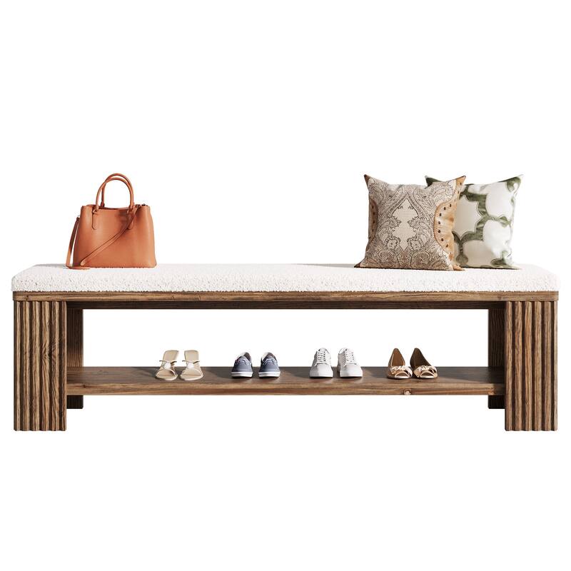 Solid Wood Entryway Bench, 63" Upholstered End of Bed Bench