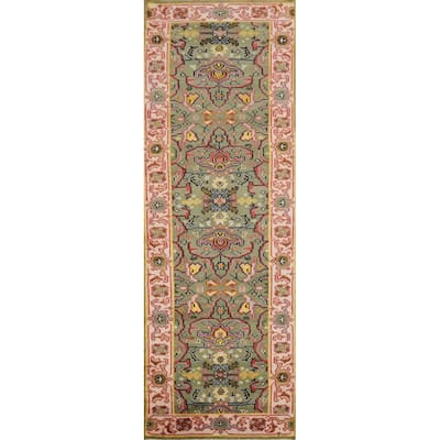 Hand Knotted Oriental 100% Wool Carpet Transitional All-Over Green Oushak Runner Rug - 9' 11'' X 2' 6''