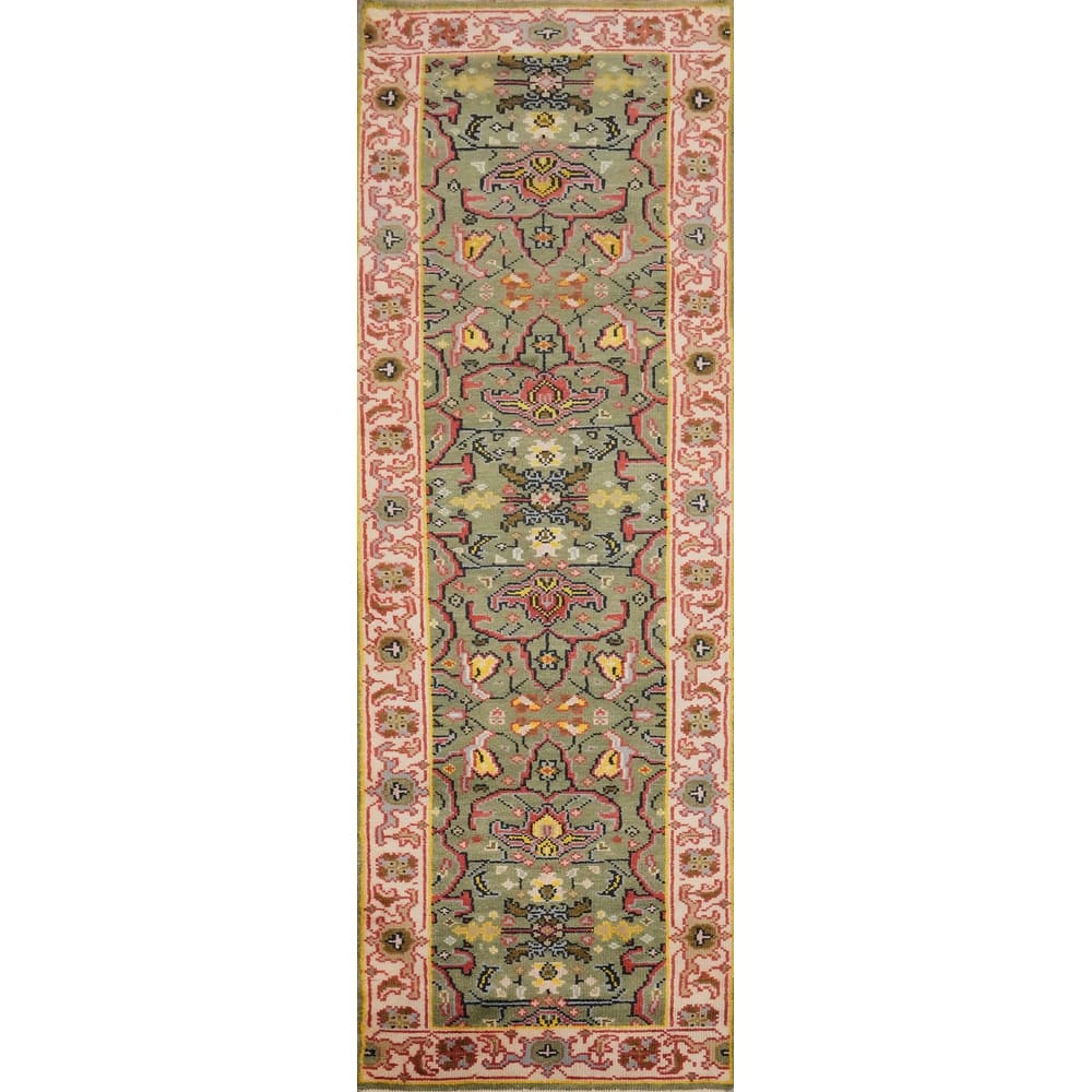 Hand Knotted Oriental 100% Wool Carpet Transitional All-Over Green Oushak Runner Rug - 9' 11'' X 2' 6''