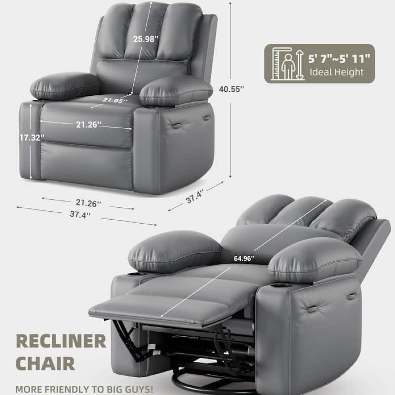Oversized PU Recliner Sofa Chair with Heat Massage 360° Swivel and Manual Rocking Function