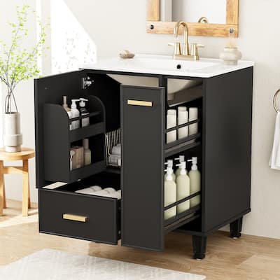 24" Bath Vanity with Sink - Solid Wood Frame, Deep Drawer & 2-Tier Basket