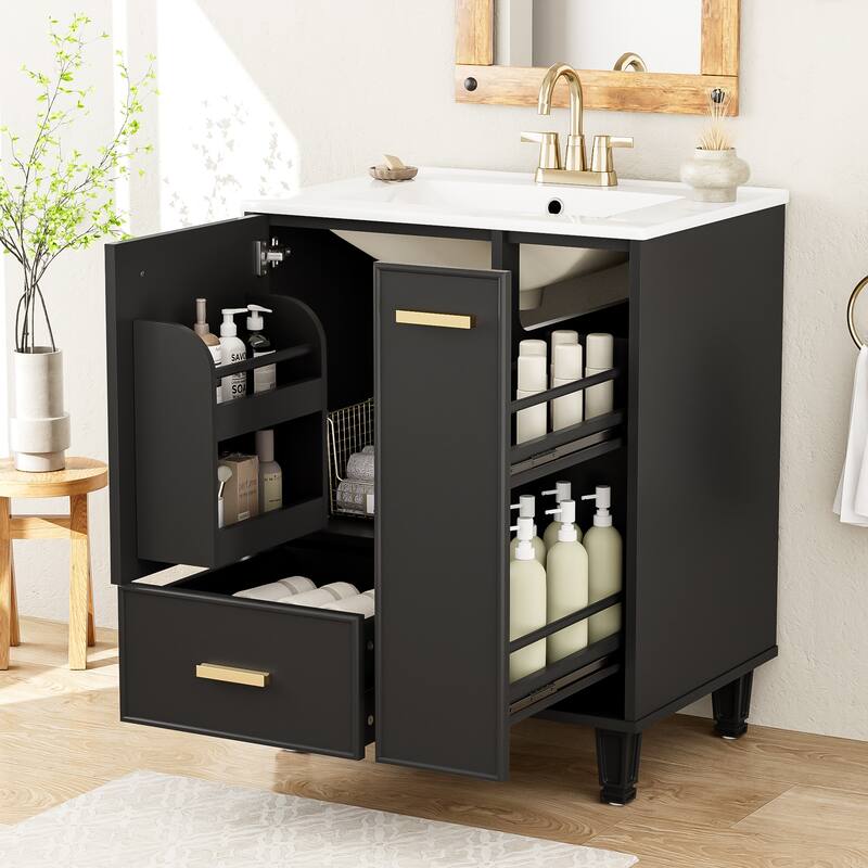 24" Bathroom Vanity with Sink, Door Shelf, Deep Drawer, 2-Tier Pull-Out Basket