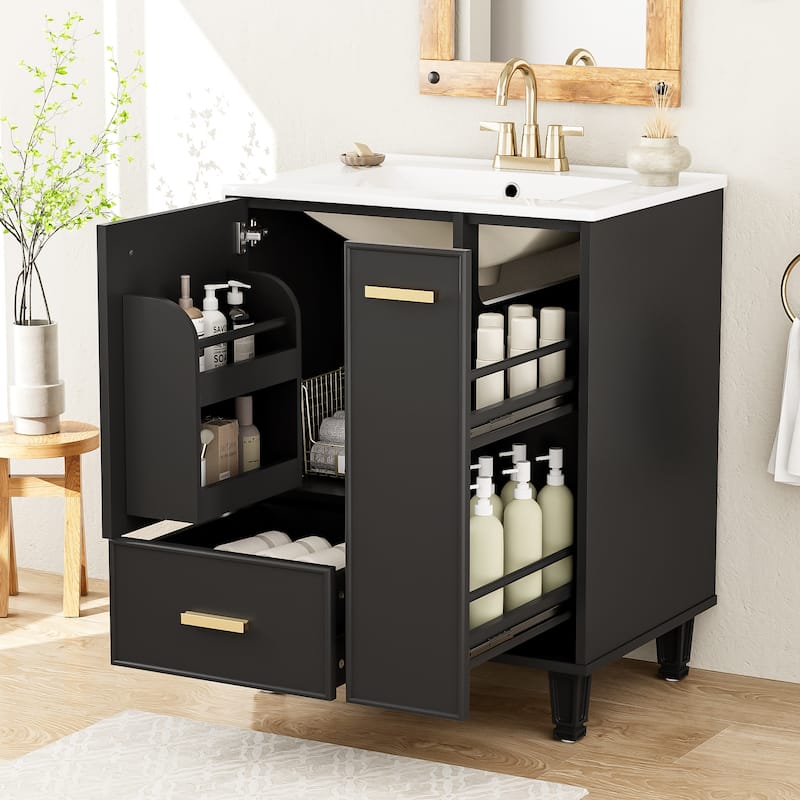 24"Bathroom Vanity with Sink, Bathroom Cabinet with Door Shelf, Deep Drawer, 2-Tier Pull-Out Basket, Solid Wood and MDF Board