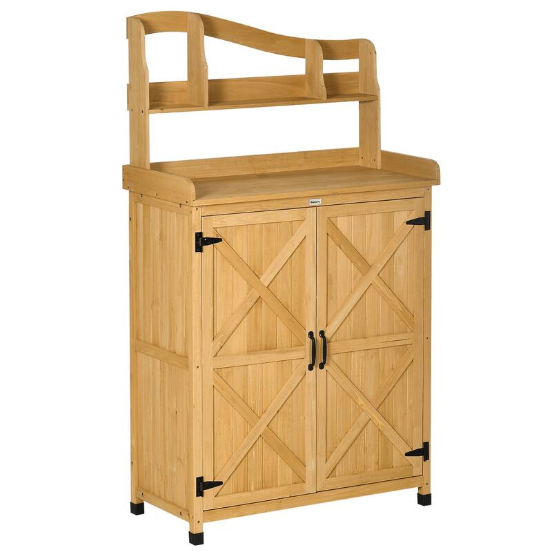Outsunny Outdoor Potting Bench Table & Garden Storage Cabinet, Multi-function Gardening Bench, Wooden Planting Workstation