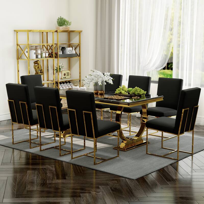 White and Gold Dining Room Table Set with 72 inch Table and White PU Leather Dining Chairs - Table with 8 Chairs - Black