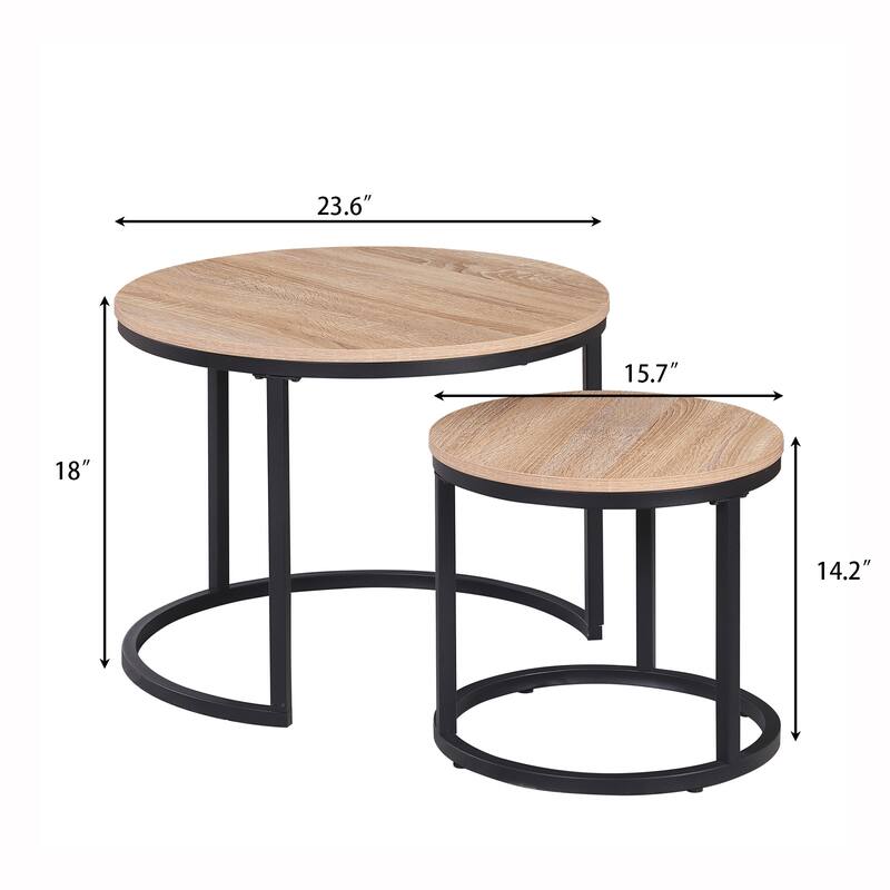 24" Round Nesting Table, Accent Coffee Table, Natural Oak Wood Finish, Space-Saving, Modern Industrial Style