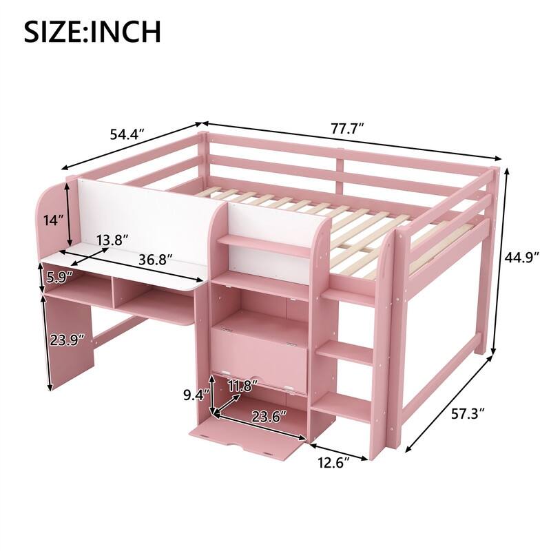 Full Size Low Loft Bed with Bulit-in Desk, Open Bookcase and Storage Cabinets, Wooden Kids Loft Bedframe w/ Graffiti Whiteboard