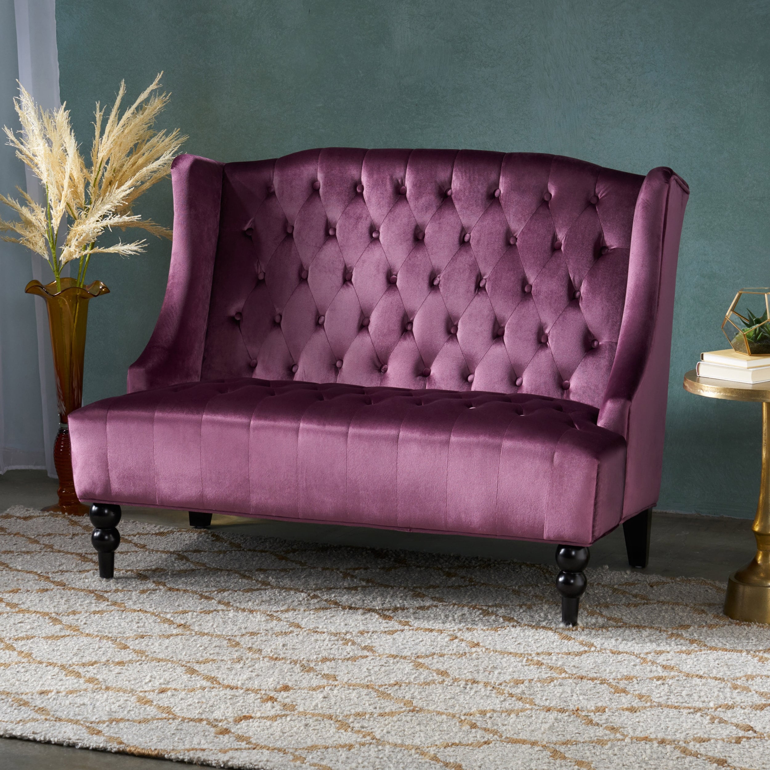Modern Glam Velvet Wingback Loveseat with Diamond Tufting & Wall Hugger Function